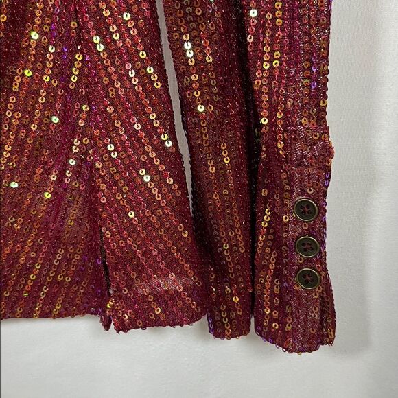 Free People Magenta Sequin Long Sleeve Button Down Shirtee Top Size L - Picture 6 of 8